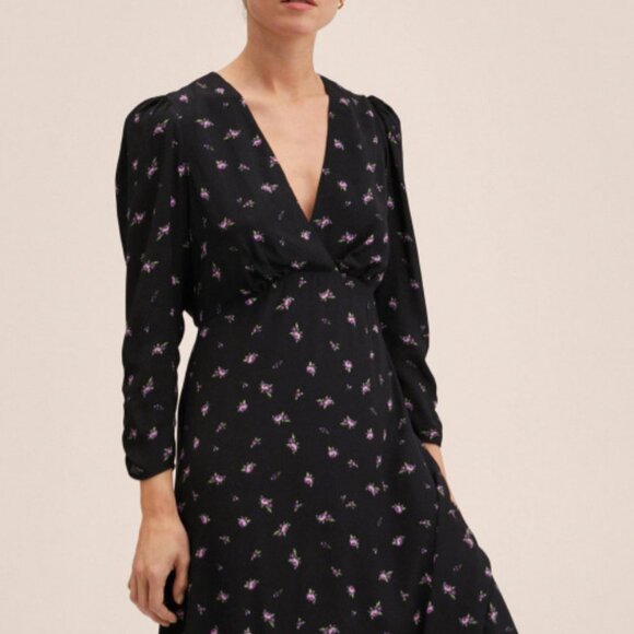 Mango Black Floral Print Long Dress, 3/4 sleeves size L - Picture 4 of 4